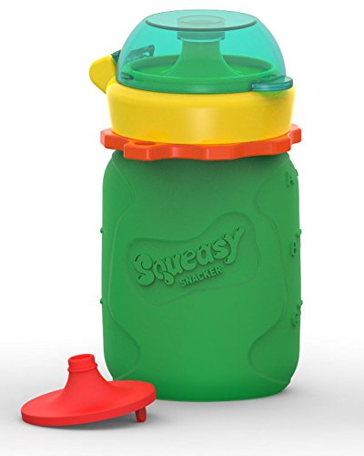Reusable Baby Food Pouch + Squeeze, Portable, Refillable Baby Food Container, Storage + Great for Smoothies and Snacks + 100% Food Grade Silicone - Squeasy Snacker (3.5oz, Green)