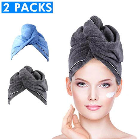 Microfiber Hair Towel Turbie Twist, Duomishu Super Absorbent Anti-Frizz Hair Turban Wrap Drying Cap for Curly, Long & Thick Hair, 2 Pack (Blue, Grey)