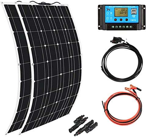 XINPUGUANG 2pcs 100w Monocrystalline Solar Panel Flexible 200W 12V Solar System kit Photovoltaic Module Cell 20A Controller PV Connector for Home,RV,Caravan,Boat and Other Battery Charger200W