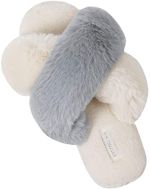 HALLUCI Women's Cross Band Soft Plush Fleece House Indoor or Outdoor Slippers