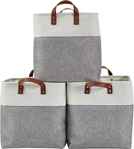 DECOMOMO Storage Baskets | Large Storage Bins Fabric Baskets for Organizing Laundry Nursery Toys Cloth Linen Closet Organizers with Handles (Grey and White, XXL - 3 pack)