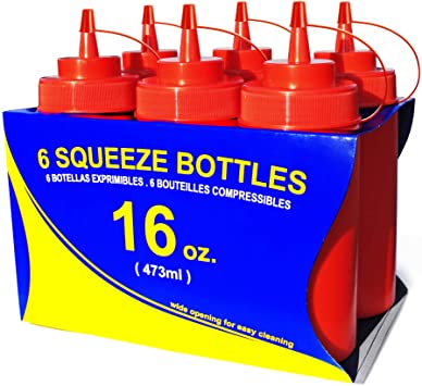 New Star Foodservice 26344 Squeeze Bottles, Plastic, Wide Mouth, 16 oz, Red, Pack of 6