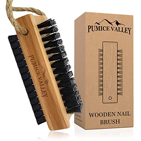 Wooden Cleaning Finger Nail Brush with Nylon Charcoal Bristles & Hanging Rope - Double-Sided Fingernail Brush for Scrubbing Fingernails and Toes (Beechwood)