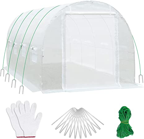 Large Walk-in Greenhouse with Screen Doors, Ohuhu 13'x8.2'x6.6' Green House with 2 Zippered Doors & 8 Screen Windows, Heavy Duty Plastic Plant Hot Warm House with Steel Frame, Ropes & Ground Staples