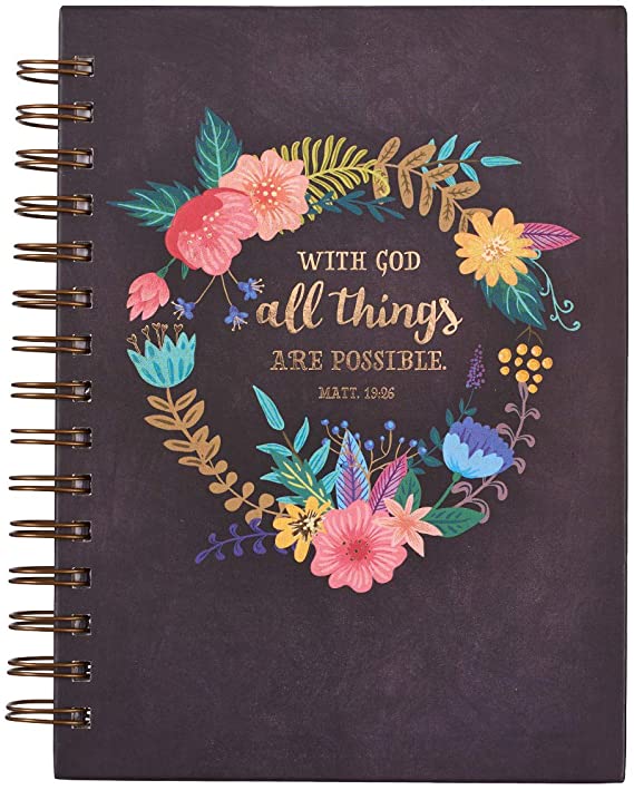 Christian Art Gifts Large Hardcover Notebook/Journal | With God All Things Are Possible – Mathew 19:26 Bible Verse | Floral Inspirational Wire Bound Spiral Notebook w/192 Lined Pages, 6” x 8.25”