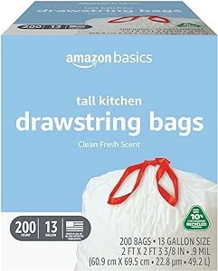 Amazon Basics - Tall Kitchen Trash Bags, 13 Gallon, 10% Post Consumer Recycled Content, Clean Fresh Scent, 200 Count, Pack of 1