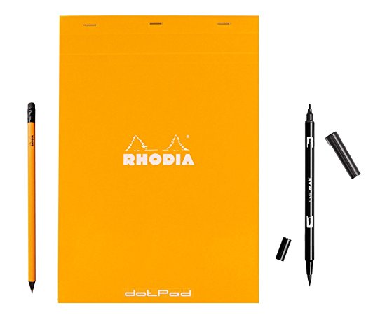 Rhodia - Notepads Dot Grid - with TomBow Dual Black Marker & Rhodia Pencil Set (8 1/4 x 11 3/4, Orange)