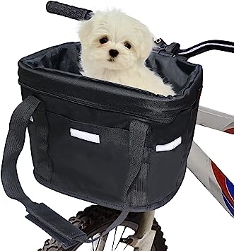 Bike Basket, BESUNTEK Quick Removable Front Basket, Foldable Small Pet Cat Dog Carrier Multi-Purpose Bicycle Handlebar Bag Easy Install & Detachable Cycling Bag for Mountain Picnic Shopping