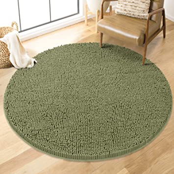 Soft Plush Chenille Round Bathroom and Area Rug, Absorbent Microfiber Bath Mat, Machine Washable, Non-Slip Grip, Quick-Dry, Great for Bath, Shower, Bedroom, Dog or Door Mat (Sage Green, 3x3 Foot)