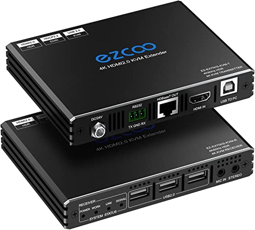 ROFAVEZCO 4K HDMI KVM Extender USB Uncompressed 4K 60Hz HDR Single over Cat5e/6 up to 300ft, 3 Ports USB2.0 Hub POE RS232 EDID 3.5mm Stereo Audio and Microphone, EX70H2KVM