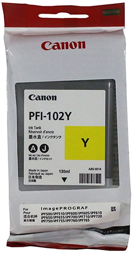 Canon PFI-102Y 0898B001AA ImagePrograf iPF500 510 600 605 610 650 655 700 710 720 750 755 760 765 130 ML Ink Cartridge (Yellow) in Retail Packaging