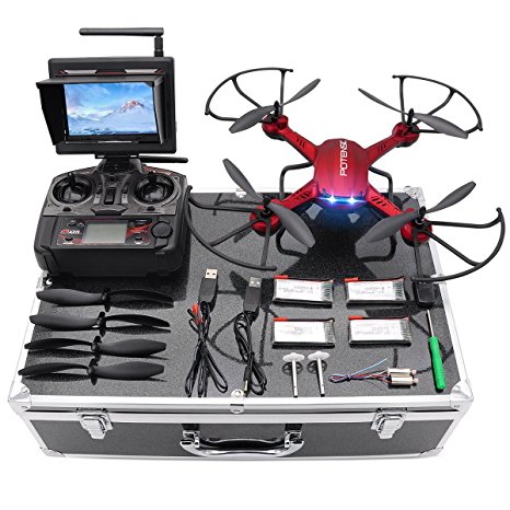 Drone with Case, Potensic F181DH RC Quadcopter Drone RTF Altitude Hold with Hover and 3D Flips Stepless-speed Function, 2MP HD Camera & 5.8Ghz FPV LCD Screen Monitor & Carrying Case – Red