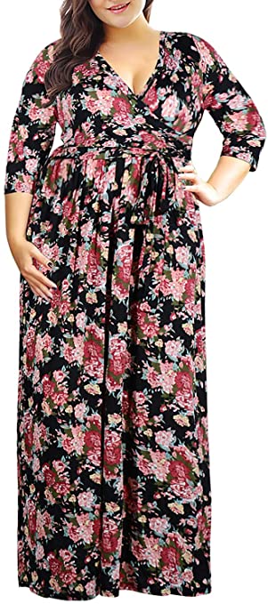 Nemidor Women's 3/4 Sleeve Floral Print Plus Size Casual Party Maxi Dress