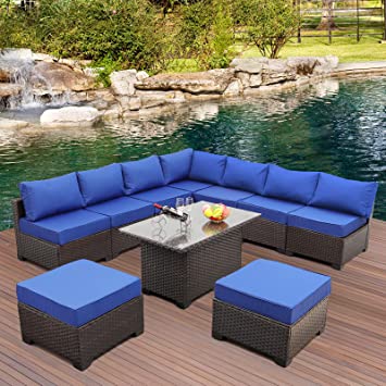 Outdoor Patio Dark Brown Rattan 10 Piece Sectional Furniture Set PE Wicker Conversation Sofa with Royal Blue Cushion