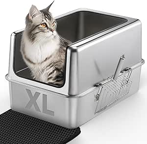 IPOW XXL All Stainless Steel Litter Box for Large Cats with Strengthen 5 Clasps Ultra Sturdy Cat Litter Box & Double Layers Cat Litter Mat & Non-Slip Mats Odor-Free Easy Clean Steel Cat Litter Box