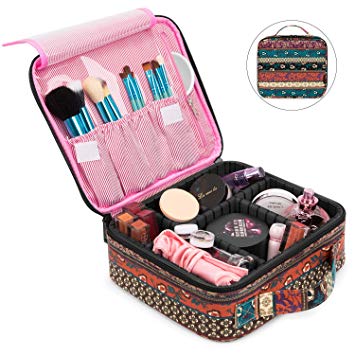 NiceEbag Travel Makeup Bag Cosmetic Bag for Women Girls Professional Train Case Canvas Cosmetic Storage Organizer with Removable Dividers for Cosmetics Make Up Tools,Large & Cute & DIY,Bohemia
