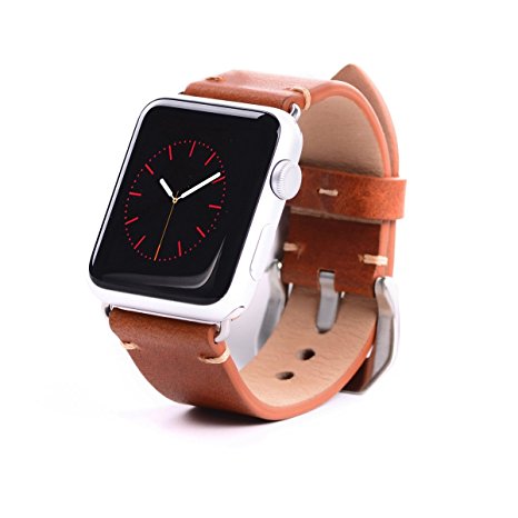 Apple Watch Band, Vegetable Tanned Leather Genuine Leather iWatch Band Strap Replacement Wristband With Secure Metal Clasp Fit For Apple Watch 38mm Light Brown Silver Adaptor