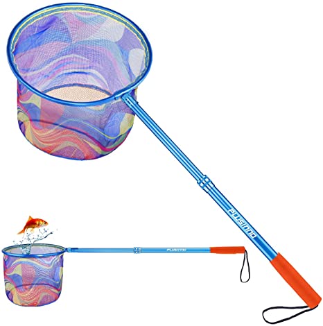 PLUSINNO Kids Fishing Net, Landing Net with Carbon Fiber Telescopic Pole Handle and Ultralight Aluminum Alloy Ring, Catch and Release Butterfly Net for Kids