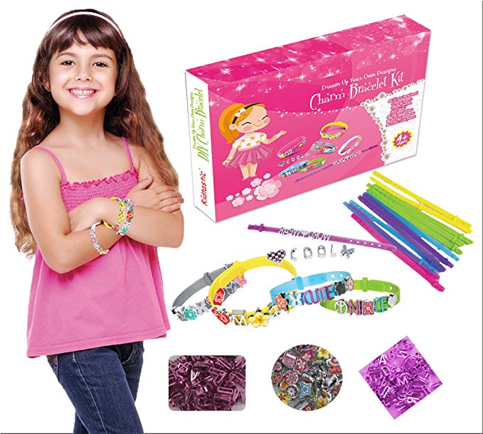 Kidtastic Bracelet Making Kit – DIY Kits for Girls – Makes 12 Bracelets – Super Fun, No Mess, No Glue & No Tools! – Best Christmas / Birthday Gift – Cool Craft Set with Letters, Flowers, & Charms