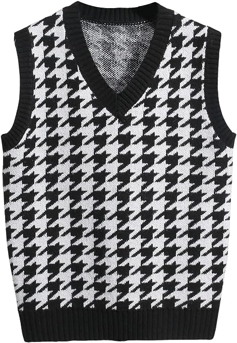 Milumia Men's Houndstooth Sweater Vest Sleeveless V Neck Casual Rib Knit Top