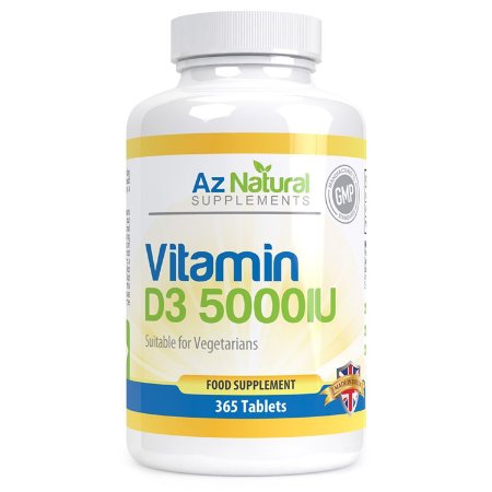 Az Natural Vitamin D3 5000 IU, Small Easy to Swallow Vegetarian Tablets - NO GELATIN, Full Years Supply to Boosts Energy, Relieve Aches and Pains, Helps Builds Muscle, Supports Bone Strength, For Optimum Immune System and Emotional Wellness