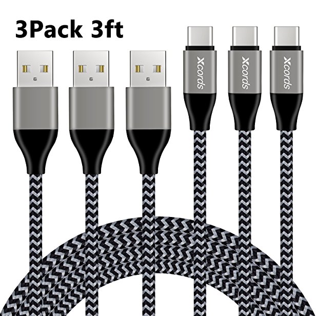 USB Type C Cable, Xcords USB C Cable 3Pack 3FT USB C to USB 2.0 Nylon Braided S8 Charger Cable for Galaxy S8, S8 Plus, LG G5 G6 V30, HTC 10, Nexus 5X/6P,Google Pixel XL(Black)