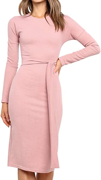 R.Vivimos Women's Winter Cotton Long Sleeves Elegant Tie Waist Ribbed Knit Bodycon Sweater Dress