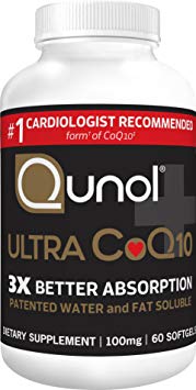 Qunol Ultra CoQ10 100mg, 3X Better Absorption, Patented Water and Fat Soluble Natural Supplement Form of Coenzyme Q10, Antioxidant for Heart Health, 60 Count Softgels