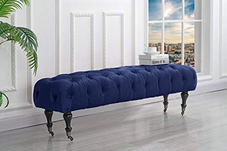 Classic Tufted Velvet Bedroom Vanity Bench with Casters (Navy)