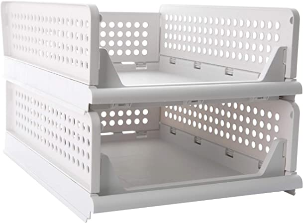 Pinkpum Stackable Plastic Storage Basket-Foldable Closet Organizers Storage Bins 2 Pack-Drawer Shelf Storage Container for Wardrobe Cupboard Kitchen Bathroom Office S