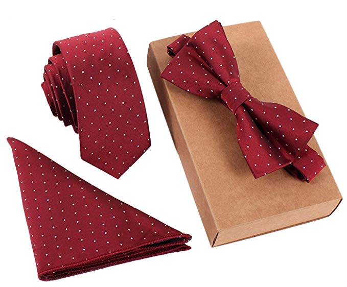 Necktie Bow Tie Pocket Square Set Men Casual Party Wedding Solid Silk Woven Necktie Neck Tie Red