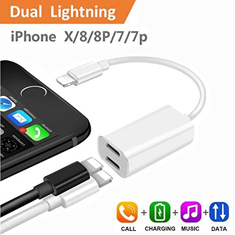 iPhone 7 Plus Adapter & Splitter, Dual Lightning Headphone Audio & Charge Adapter Accessories for iPhone X/8/8 Plus/7/7 Plus (IOS 11) White