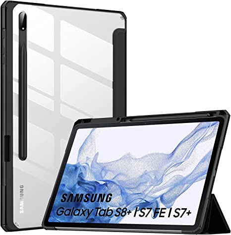 MoKo Case Fits Samsung Galaxy Tab S8   12.4 2022 (SM-X800/X806) / Tab S7 FE 12.4-Inch 2021 / Tab S7 Plus 12.4 2020 with S-Pen Holder, Transparent Back Tablet Cover with Auto-Wake, Black