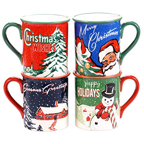 Certified International Retro Christmas Mugs (Set of 4), 16 oz, Multicolor