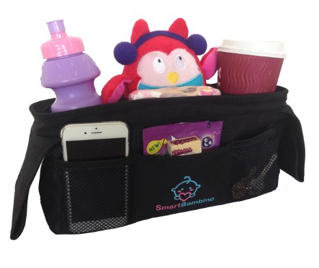 SmartBambino Stroller Organizer-Universal Fit-Cup and Bottle Holder-Covered Compartment and Pockets-Simple and Secure Attachment-Perfect Baby Shower Gift-100% Lifetime Warranty