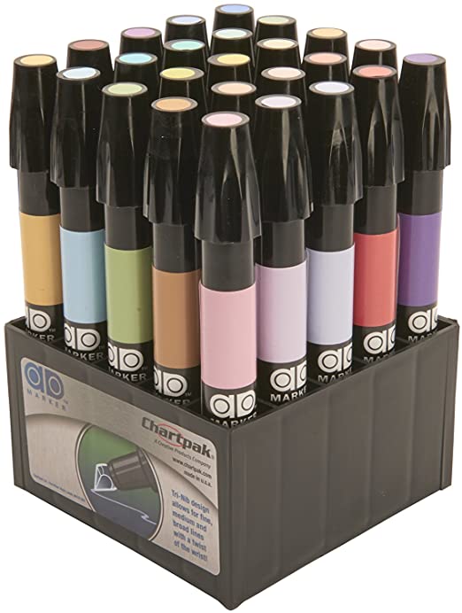 The Original Chartpak AD Markers, Tri-Nib, 25 Assorted Pastel Colors in Tabletop Cube, 1 Each (F)