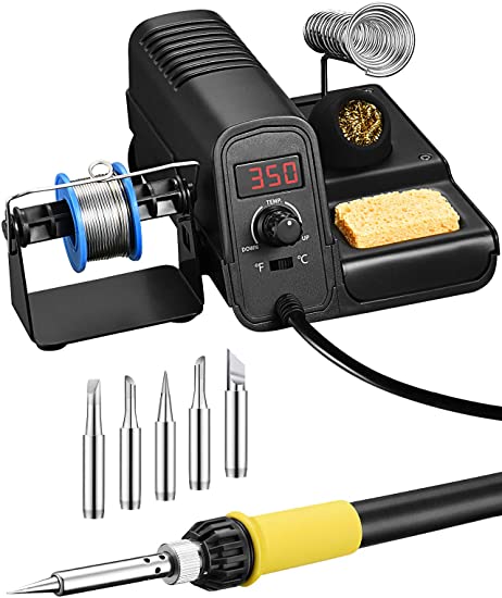 TOPELEK 60W Soldering Iron Station Kit, Fast Heat Up, 160 to 480℃ Temperature Adjustable Welding Iron, LCD Display, Safe Handle, ℃/℉ Switch, Sleep Mode, 5 Extra Solder Tips