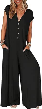 MEROKEETY Women's 2024 Summer Cap Sleeve Jumpsuits Deep V Neck Button Onesie Wide Leg Pants Rompers