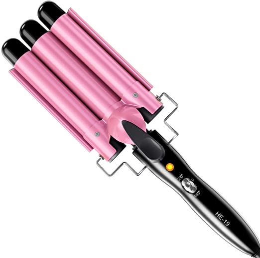 BESTOPE 3 Barrel Curling Iron 1 inch Hair Waver Wand Professional Hair Crimper with Temperature Adjustable Heat Up Quickly Hot Tools, Dual Voltage Crimp(Pink)