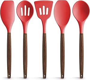 Zulay Kitchen Utensils Set Non-Stick Silicone Cooking Utensils Set with Authentic Acacia Wood Handles - 5 Piece Silicone Utensil Set - Silicone Kitchen Utensils Set with 464°F Heat Resistance - Red