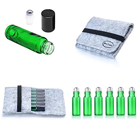 Refillable 5ML Rollon Bottle Set Include 6 Piece Stainless Steel Roller Ball Bottle Portbale Case and Lid Opener Pry Tool (5ML, Green)