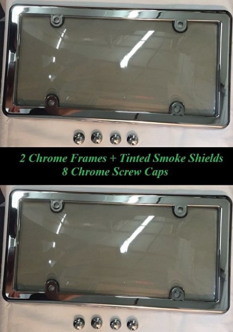 2 UNBREAKABLE TINTED SMOKE LICENSE PLATE SHIELD COVERS   2 CHROME FRAMES   8 CHROME SCREW CAPS