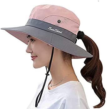 Women's Summer Sun-Hat Ponytail - UV-Protection Mesh Wide Brim Foldable Hat with Ponytail Hole