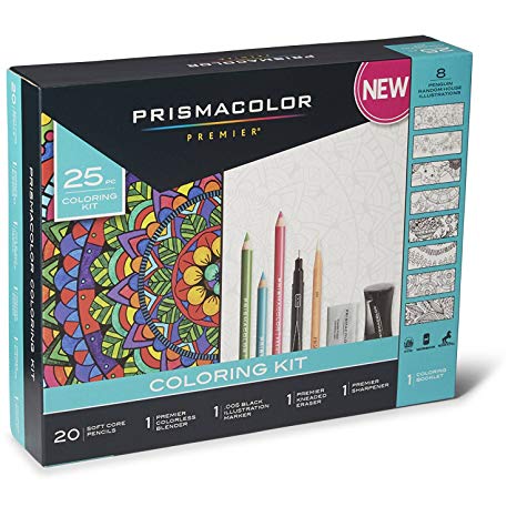 Prismacolor Premier Soft Core Pencils Adult Coloring Book Kit with Blender, Illustration Marker, Eraser, Sharpener and Coloring Booklet, 25 Pieces