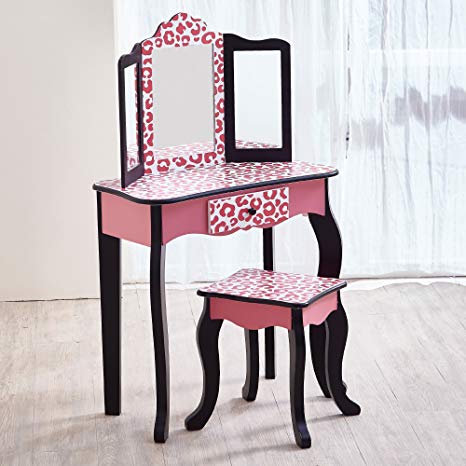 Teamson Kids - Fashion Prints Girls Vanity Table and Stool Set with Mirror - Leopard (Pink/ Black)