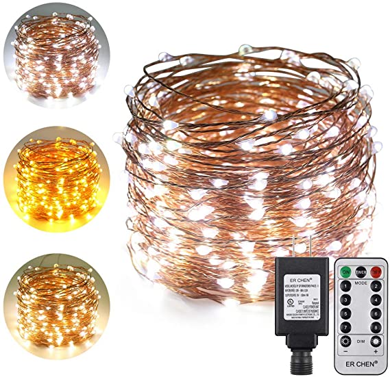 ErChen Dual-Color LED String Lights, 100 FT 300 LEDs Plug in Copper Wire 8 Modes Dimmable Fairy Lights with Remote Timer for Indoor Outdoor Christmas (Cool White/Warm White)