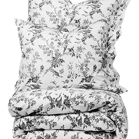 French Country White Gray Floral Full Queen Size Duvet Cover Set 100% Cotton 180 Thread Count by Fasthomegoods