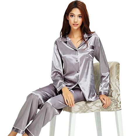 Women's Solid Color Satin Pajama Set Long …