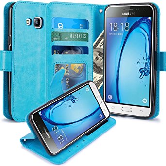 J3 Case, Express Prime Case, Amp Prime Case, LK Luxury PU Leather Wallet Case Flip Cover with Card Slots & Stand For Samsung Galaxy J3 / Express Prime / Amp Prime, SKY BLUE