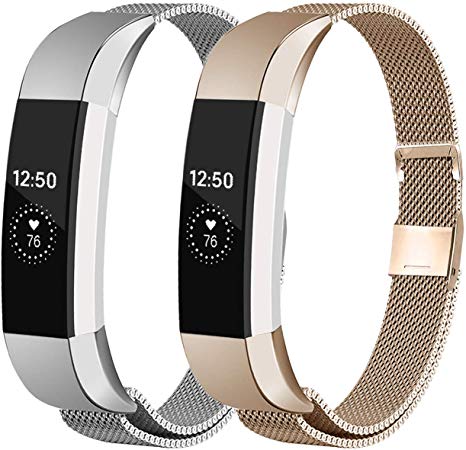 Fundro Replacement Bands Compatible with Alta HR and Alta, Stainless Steel Metal Bracelet Strap Replacement Wristband for Alta HR and Alta for Women Men, 2 Pack(Small,Champagne/Silver)